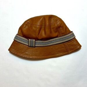 Authentic Burberry Tan Leather Bucket Hat with Plaid Lining M